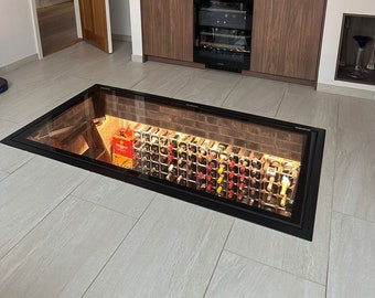 Electric Motorised Hinged glass floor wine cellar display unit- Wine storage trap door hatch access system