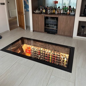 Electric Motorised Hinged glass floor wine cellar display unit- Wine storage trap door hatch access system