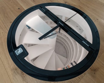 Circular Hinged glass floor wine cellar display unit- Wine storage trap door system- Spiral stair glass floor hatch