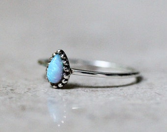Blue Opal Teardrop Pure Silver Gemstone Ring - US Size 5~7