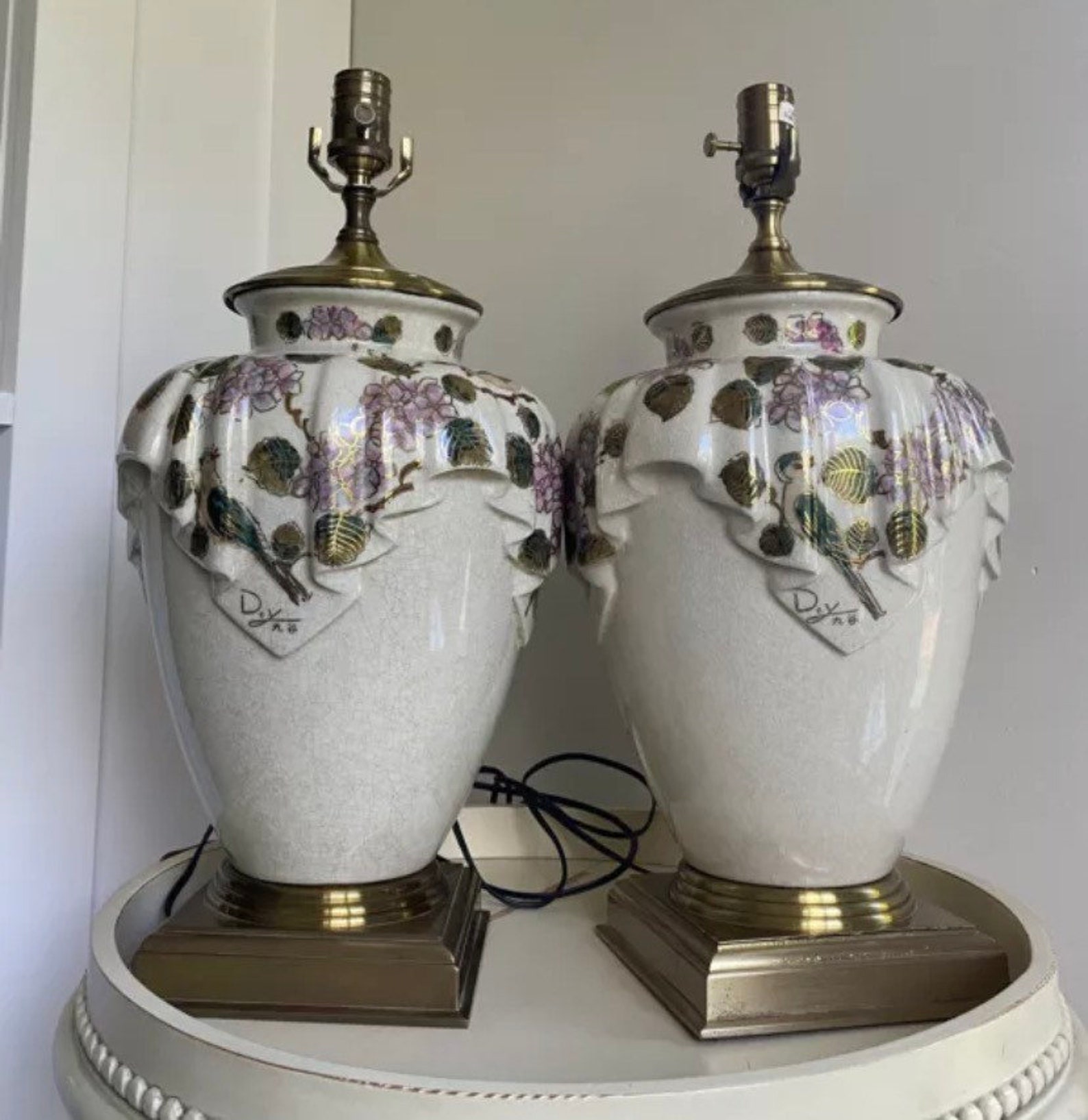 Vtg Pair 2 Wildwood Urn Ginger Jar Lamps Brass Crackle Hand Etsy