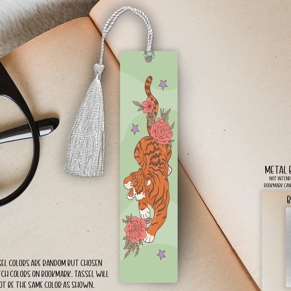 Small Single Sided Aluminum Metal Bookmark with Tassel - 4.7in x 1.25in - Floral Tiger - Book Lover/Reader's Gift