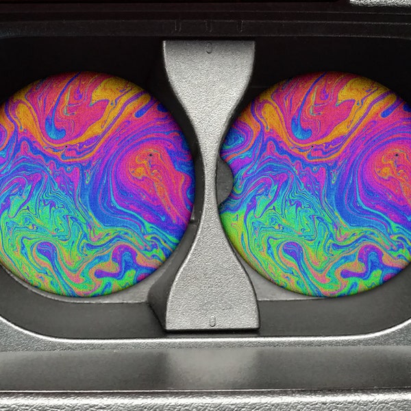 Rainbow Color Paint Pour - 2.75in Rubber Neoprene Car Coaster (Set of 2) for Cup Holder - Car Accessories - Car Decor - Gift idea