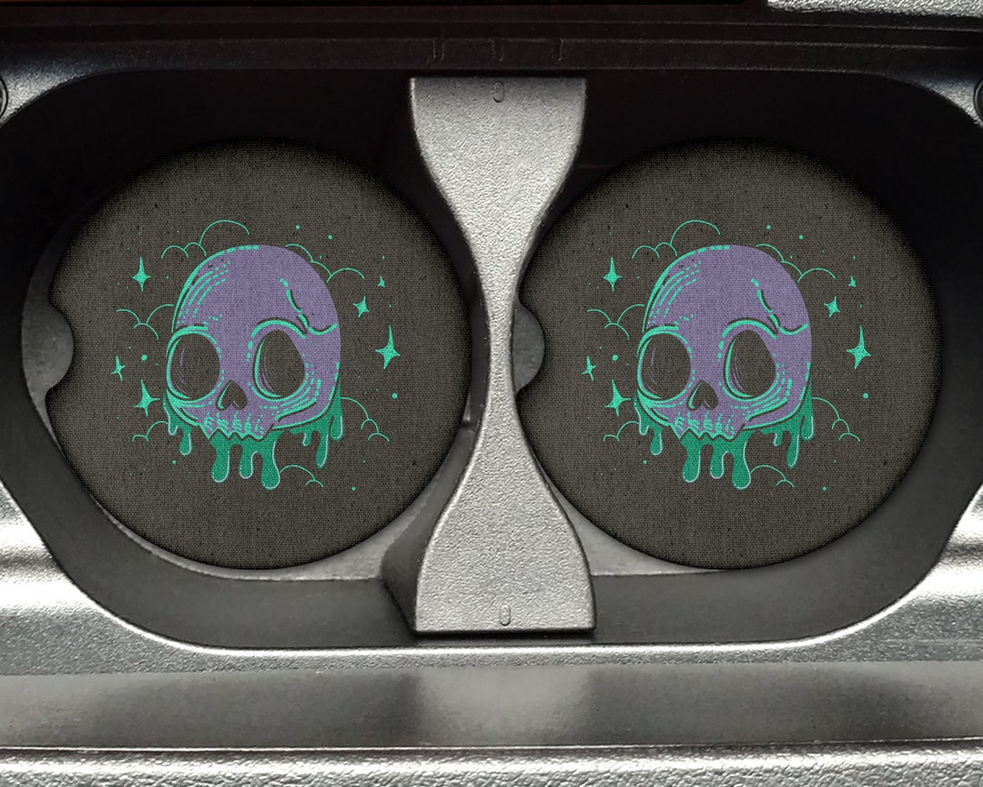 Purple and Green Drippy Skull Car Coasters 2.75in Rubber Neoprene Car Coaster set of 2 for Cup