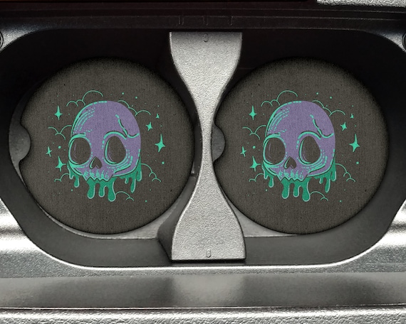 Purple and Green Drippy Skull Car Coasters - 2.75in Rubber Neoprene Car Coaster (Set of 2) for Cup Holder - Auto Accessories/Decor