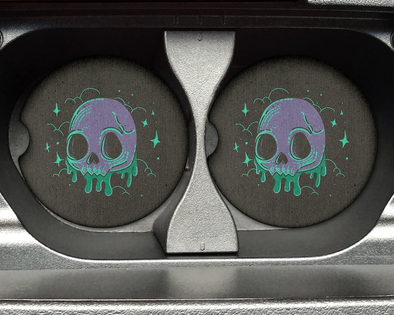 Purple and Green Drippy Skull Car Coasters - 2.75in Rubber Neoprene Car Coaster (Set of 2) for Cup Holder - Auto Accessories/Decor immagine 1