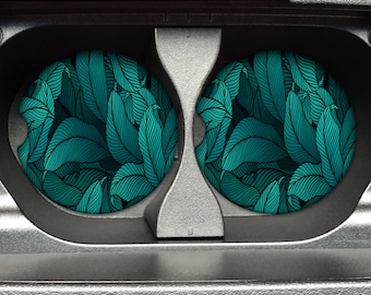 Green Tropical Leaves Pattern - 2.75in Rubber Neoprene Car Coaster (Set of 2) for Cup Holder - Car Accessories - Car Decor