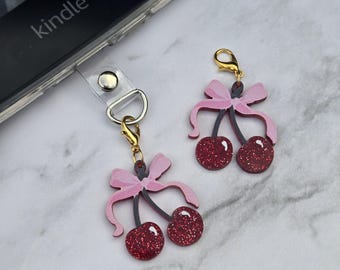 Cherries & Pink Bow w/Lobster Clasp | Kindle Charm | Phone Charm | Dangle Charm | E-Reader Charm | Tablet Charm - Clear Tab SOLD SEPARATE