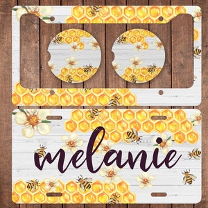 Personalized License Plate - License Plate Frame - Neoprene Car Coasters (Set of 2) - Honey Bees & Wood