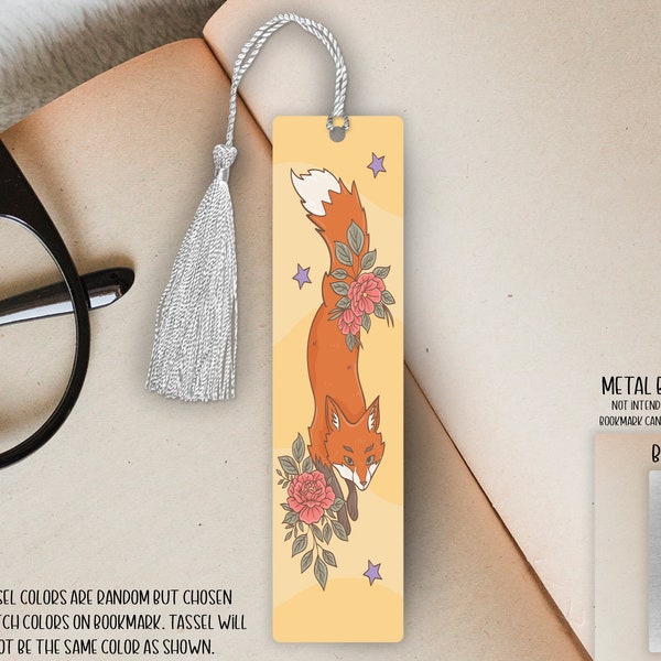 Small Single Sided Aluminum Metal Bookmark with Tassel - 4.7in x 1.25in - Floral Fox - Book Lover/Reader's Gift