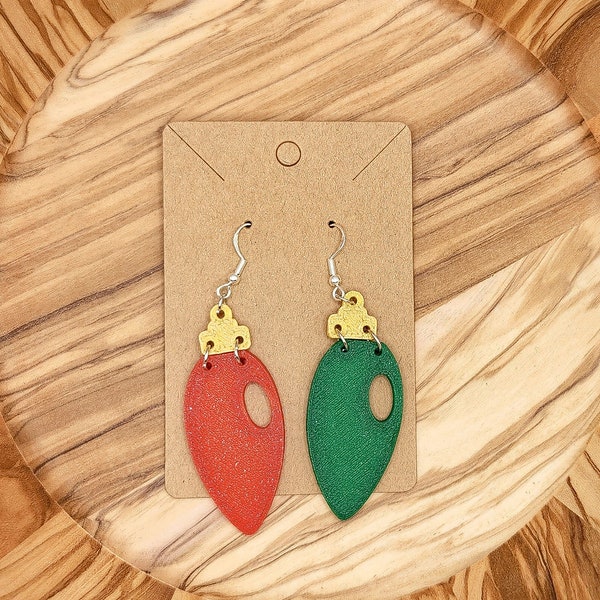 3D Printed Cute Red & Green Christmas Lights Dangle Earrings - Hypoallergenic Stainless Steel Fish Hooks w/rubber backing