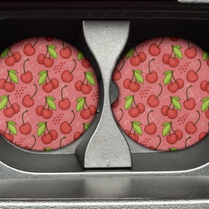 Posavasos de neopreno de goma para coche de 2,75 pulgadas (juego de 2) con estampado de cerezas, diseño de frutas, accesorios para coche, ideas para regalos imagen 1