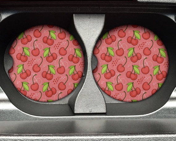 Cute Cherries Print Pattern, Fruit Pattern - 2.75in Rubber Neoprene Car Coaster (Set of 2) for Cup Holder - Car Accessories - Gift ideas