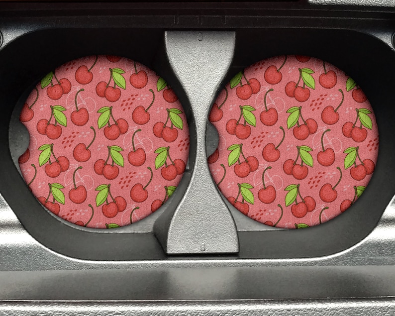 Posavasos de neopreno de goma para coche de 2,75 pulgadas (juego de 2) con estampado de cerezas, diseño de frutas, accesorios para coche, ideas para regalos imagen 1