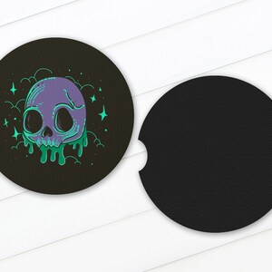 Purple and Green Drippy Skull Car Coasters - 2.75in Rubber Neoprene Car Coaster (Set of 2) for Cup Holder - Auto Accessories/Decor immagine 2