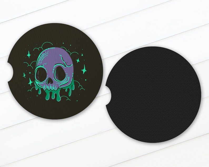 Purple and Green Drippy Skull Car Coasters - 2.75in Rubber Neoprene Car Coaster (Set of 2) for Cup Holder - Auto Accessories/Decor immagine 2