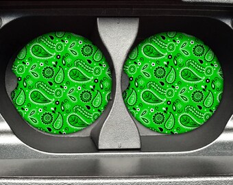 Bandana/Paisley Print Pattern - Green - 2.75in Rubber Neoprene Car Coaster (Set of 2) for Cup Holder - Car Accessories - Car Decor