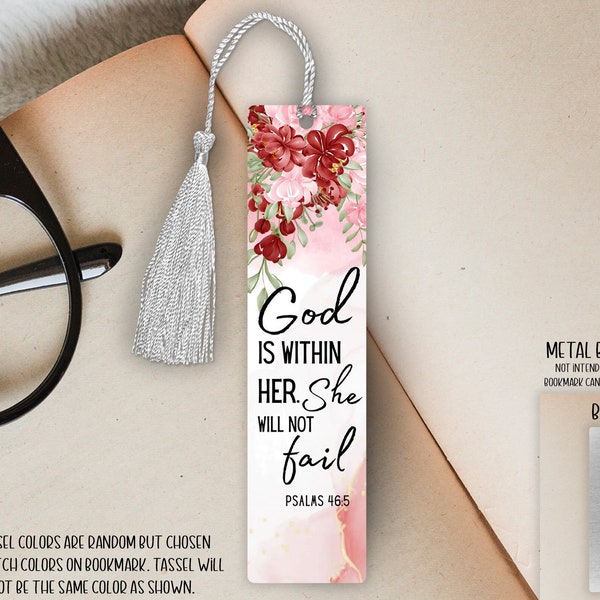 Small Single Sided Aluminum Metal Bookmark with Tassel - 4.7in x 1.25in - God is Within Her She Will Not Fail - Bible Verse Bookmark