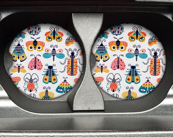 Colorful Bugs Pattern - 2.75in Rubber Neoprene Car Coaster (Set of 2) for Cup Holder - Car Accessories - Car Decor