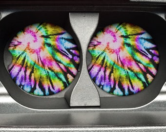 Rainbow Tie Dye Print - 2.75in Rubber Neoprene Car Coaster (Set of 2) for Cup Holder - Car Accessories - Car Decor - Gift ideas