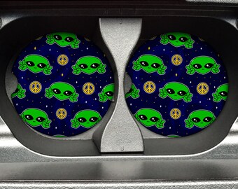 Peace Sign Alien Pattern - 2.75in Rubber Neoprene Car Coaster (Set of 2) for Cup Holder - Car Accessories - Car Decor