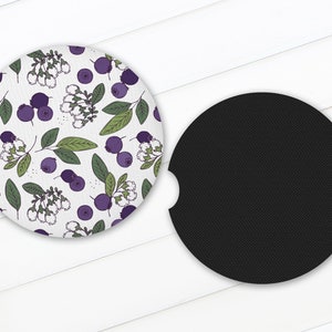 Floral Blueberry Fruit Pattern Print - 2.75in Rubber Neoprene Car Coaster (Set of 2) for Cup Holder - Car Accessories - Car Decor