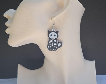 3D Printed Black and White Skeleton Cat Dangle Earrings - Hypoallergenic Stainless Steel Fish Hooks w/rubber backing -