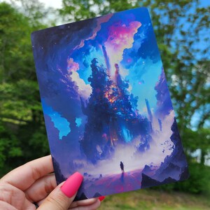 May include: A digital art print featuring a futuristic city with a glowing sky and a lone figure standing in the foreground.