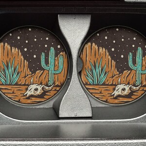 Posavasos de neopreno de goma para coche de 2,75 pulgadas (juego de 2) con fondo de desierto occidental para portavasos - Accesorios para coche - Decoración para coche - Ideas para regalos imagen 1