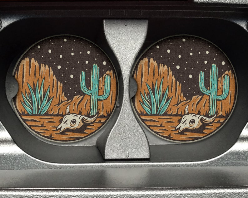 Posavasos de neopreno de goma para coche de 2,75 pulgadas (juego de 2) con fondo de desierto occidental para portavasos - Accesorios para coche - Decoración para coche - Ideas para regalos imagen 1