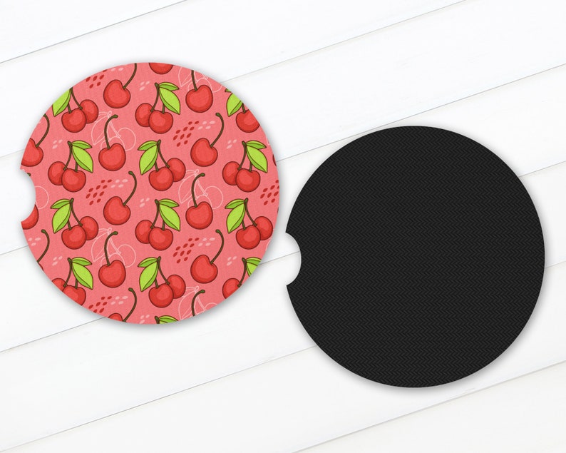 Posavasos de neopreno de goma para coche de 2,75 pulgadas (juego de 2) con estampado de cerezas, diseño de frutas, accesorios para coche, ideas para regalos imagen 2