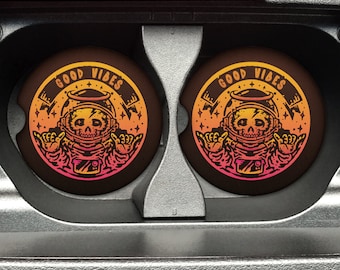 Good Vibes Dead Astronaut - 2.75in Rubber Neoprene Car Coaster (Set of 2) for Cup Holder - Car Accessories - Car Decor