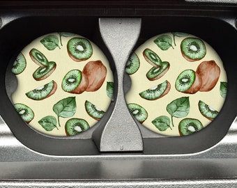 Watercolor Kiwi Pattern Print - Rubber Neoprene Car Coaster (Set of 2) - Auto Accessories - Car Accessories - Car Cup Holder Coaster