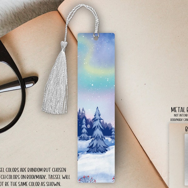 Small Single Sided Aluminum Metal Bookmark with Tassel - 4.7 in x 1.25 in - Snowy Northern Lights - Book Lover/Reader's Gift