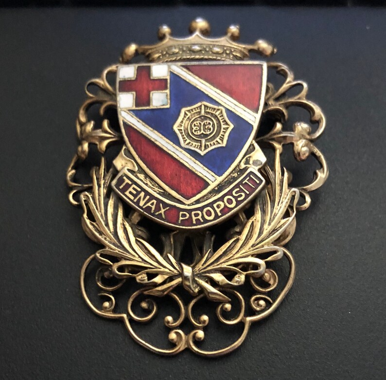 Vintage Brass Mid Century Enamel Coat of Arms Lapel PinBrooch 1940/'s Tenax Propositi PinBrooch