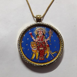 Handmade Glass Framed Hindu Deity Warrior Mahavidhya Goddess Maa Durga Yellow Brass Photo Pendant With Brass Chain And Colour String