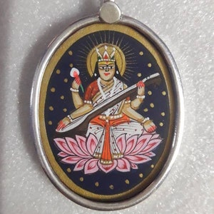 Handmade 92.5 Sterling Silver Hand Painted Water Color Miniature Painting Hindu Goddess of Music Knowledge and Art Maa Saraswati Pendant