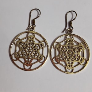 Handmade Solid Yellow Brass Beautiful Metatrons Cube Flower Of Life Design Earing Pair