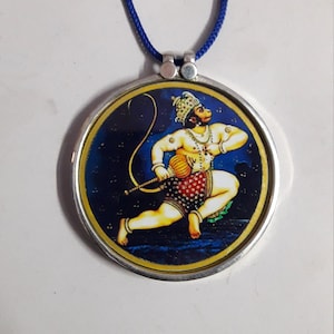 Handmade Glass Framed 92.5 Sterling Silver Hindu Deity Powerful God Hanuman ji Photo Print Beautiful Pendant With Colour String