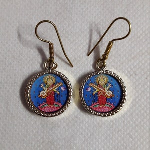 Handmade Yellow Brass Glass Framed Beautiful Hindu Deity Wisdom Goddess Saraswati Mata  Photo Print Earring Pair
