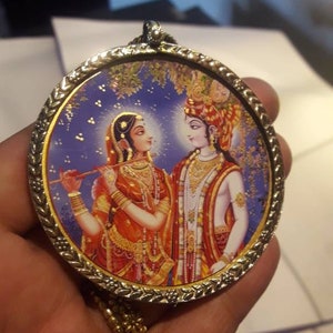 Handmade Glass Framed Deity God Lovely Couple Radha Krishna Yellow Brass Photo Print Large Pendant With Brass Chain And Colour String