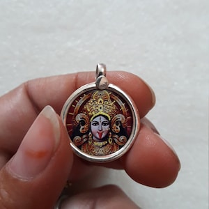Handmade 92.5 Sterling Silver Beautiful Hindu Deity Dark Tantra Goddess Maa Kali Unique Photo Print Glass Framed Charm Pendant Necklace.