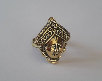 Handmade Solid Yellow Brass Beautiful Trible Hindu Tantra Goddess Maa Kali Face Adjustable  Finger Ring.