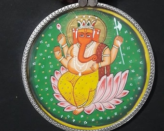 Handmade Sterling Silver Ganesha Pendant: Rajasthan Miniature Watercolor Painting
