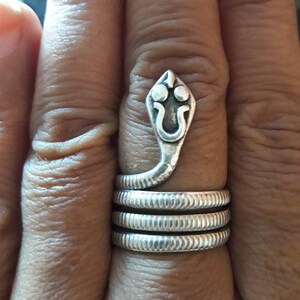 Könnte beinhalten: Ein silberner Schlangenring mit einem gewundenen Körper und einem detaillierten Kopf. Der Ring wird an einem Finger getragen.