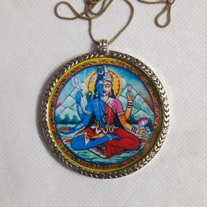 Handmade Glass Framed Deity God Meditation Ardhanareeswara Shiva Shakti Brass Photo Print Large Pendant With Brass Chain And Colour String