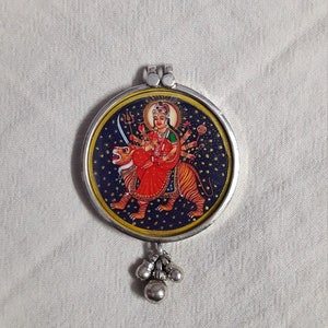 Handmade 92.5 Sterling Silver Glass Framed Hindu Warrior  Mahavidhya Goddess Durga Mata Photo Print Beautiful Bell Pendant With String