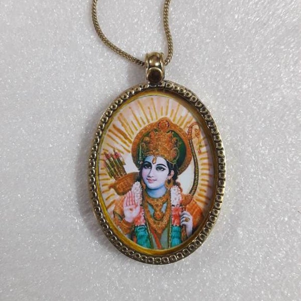 Handmade Oval Shape Glass Framed Hindu God Shree Ram Chandra Yellow Brass Photo Print Pendant With Brass Chain And Colour String