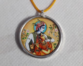 Handmade Sterling Silver Radha Krishna Pendant Necklace: Hindu God Jewelry