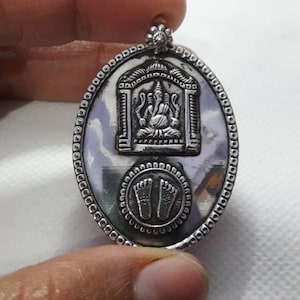Handmade Pendant 92.5 Sterling Silver Pendant Hindu Success God Ganesha With Goddess Maa Laxmi Feet, Pada Pendant, Artisan Pendant